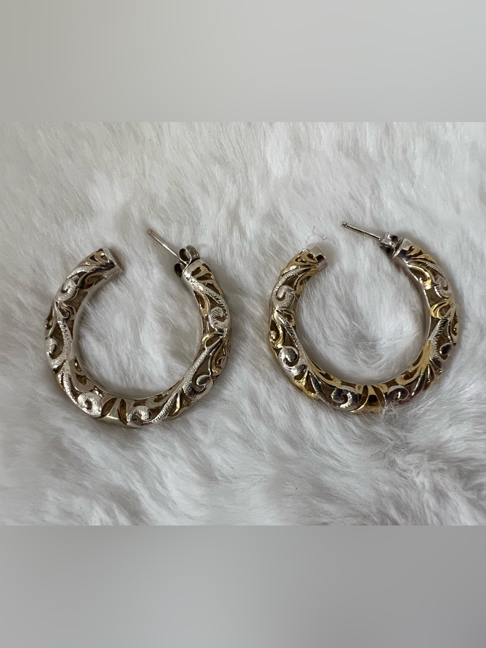 Vintage Sterling Intricate Filigree Hoop Earrings - Silver and Gold